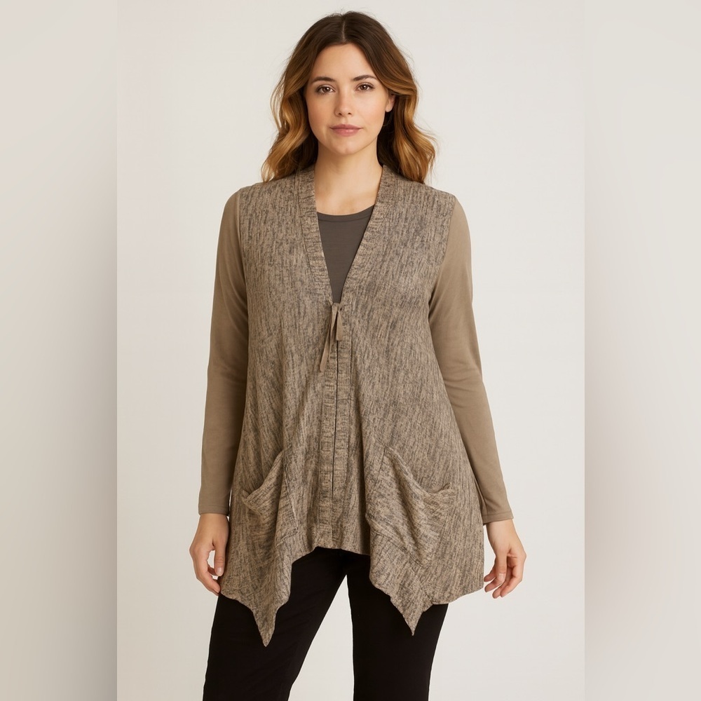 LOGO Lori Goldstein Sweater Womens L Cardigan Brown Zip Up Pockets Asymmetric